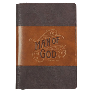 Man of God Honey-brown and Espresso Faux Leather Journal with Zipper Closure - 1 Timothy 6:11