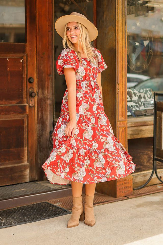 Rust and Floral Midi Dress