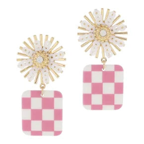 Pink Checkered Square Earrings