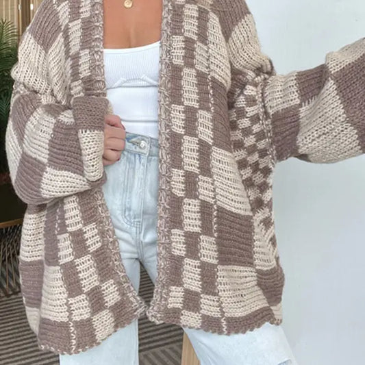 Rizz Boxy Checkerboard Knit Cardigan