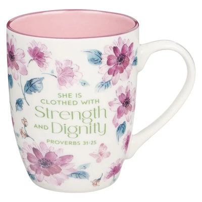 Strength and Dignity Pink Floral Ceramic Coffee Mug - Proverbs 31:25