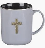 Gray Ceramic Coffee Mug with Metal Cross Inlay