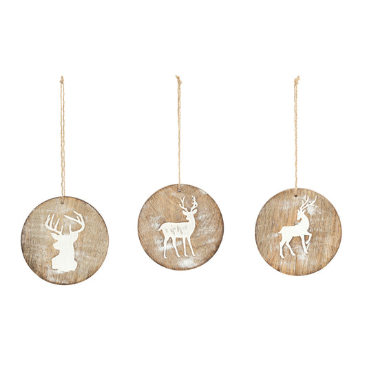 Round Whitewashed Wood Reindeer Ornaments