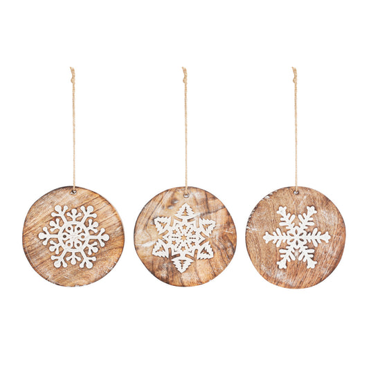 Round Whitewashed Wood Snowflake Ornaments